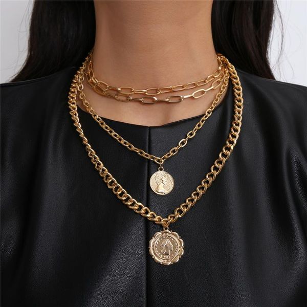 

chains fashion head portrait ornament multi-layer round queen pendant hip hop punk necklace layered vintage, Silver