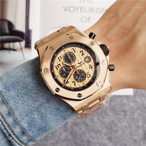 

wristwatches men quartz chronograph stainless steel rose gold sapphire crystal luxury watch, Slivery;brown