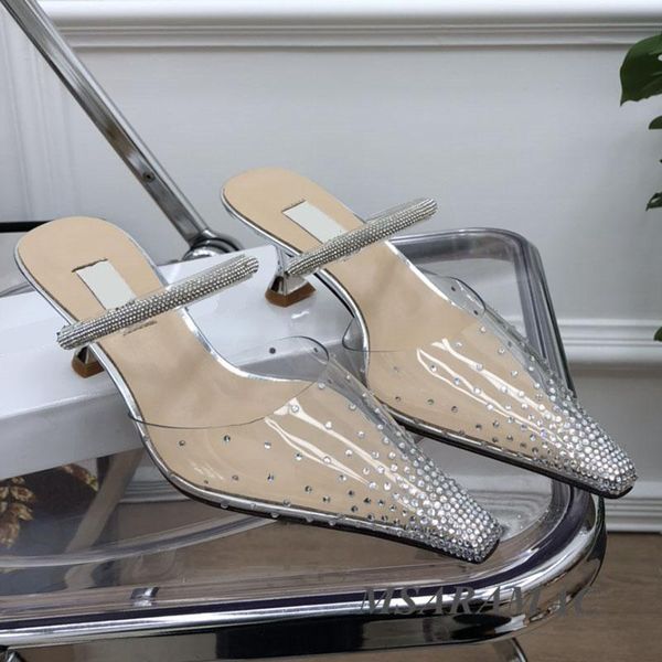 

summer pvc transparent toe high-heeled mules fashion leather pointed outsole slippers ladies party shoes, Black