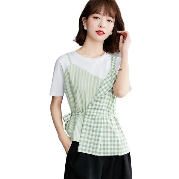 

women's t-shirt tfetters fake two piece short sleeve tshirts woman 2021 summer irregular sweet korean slim cotton tee women clothing, White