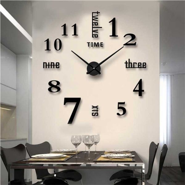

wall clocks acrylic chinese and english word art diy 3d decorative mirror stickers simple clock modern home office decoration cloc