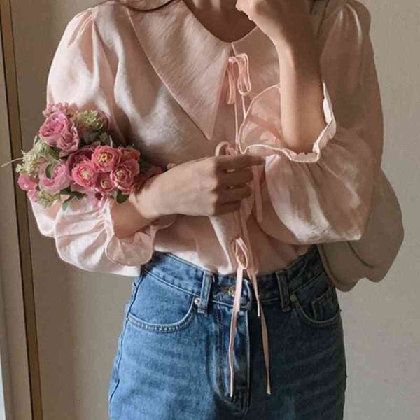 

women's hoodies & sweatshirts hzirip korean delicate peter pan sweet long-sleeve collar lace ladies shirt elegant pink sleeves fashion, Black