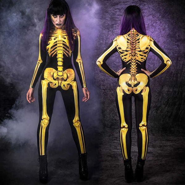 

skirts halloween costume 3d sleeve jumpsuit women masquerade dance horror skull print long bodycon bodysuit romper lady tccm, Black