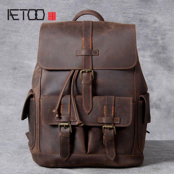 

retro handmade crazy horse leather backpack, men's large-capacity travel bag backpack