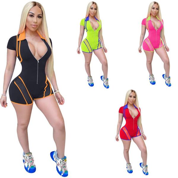 

women's jumpsuits & rompers fitness high waist women zippers short sleeve casual mesh spliced playsuit fashion striped print sporty pla, Black;white