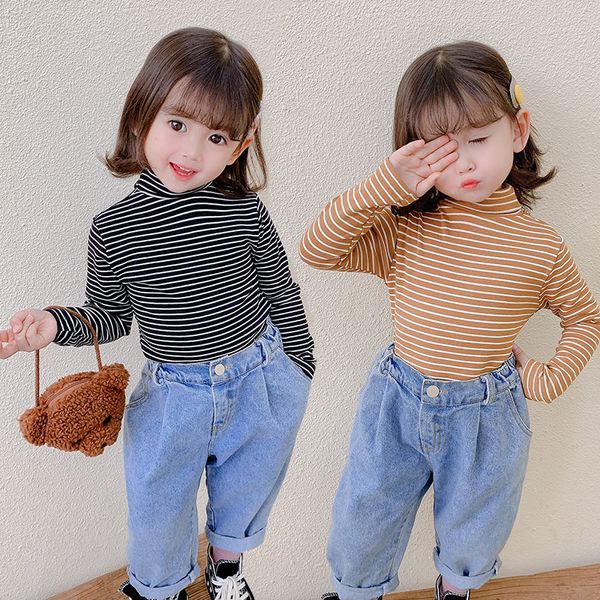 

baby girls clothing autumn cotton turtleneck pullovers winter plus velvet keep warm sweater fashion striped bottoming shirt boys, White