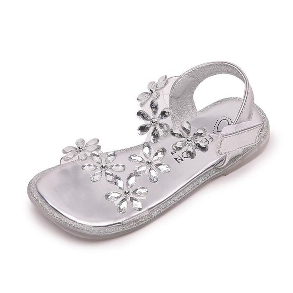 

sandals girls 2021 summer flowers rhinestone sweet soft princess little big kids student children open-toed beach shoes, Black;red