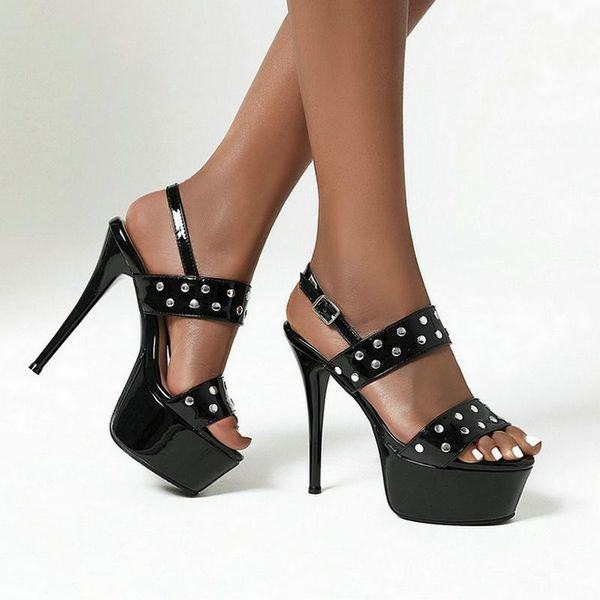 

patent pu leather summer women high heel shoes platform thin sandals party river women's big size 45, Black