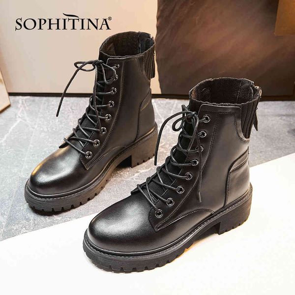 

sophitina punky style ankle boots woman solid black genuine leather round toe thick bottom fabric patchwork shoe po844 210513