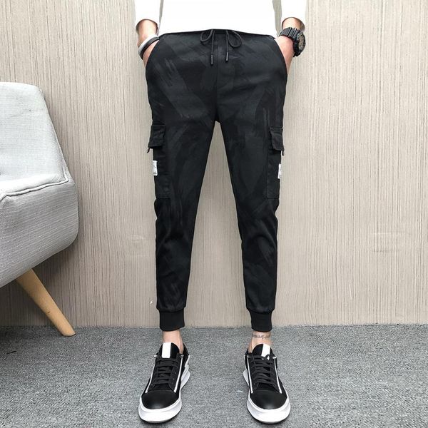 

pants mode 2021 summer camouflage print casual men ankle thin length adjust cargo streetwear side pocket exvj, Black
