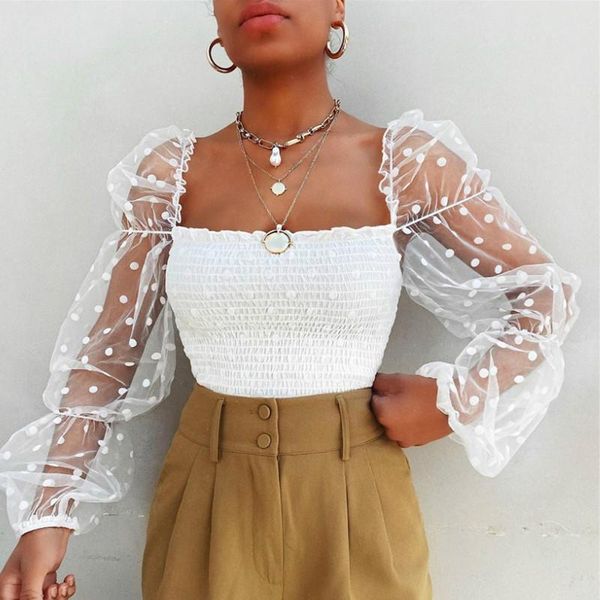 

women's blouses & shirts women off shoulder puff sleeve see-through blouse casual wave point cropped summer street clubwear, White