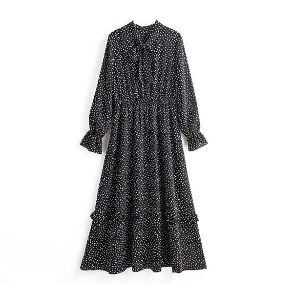 

casual dresses vintage elegant bow tie collar print dress women long sleeve ruffle midi elastic waist chic black 2021, Black;gray
