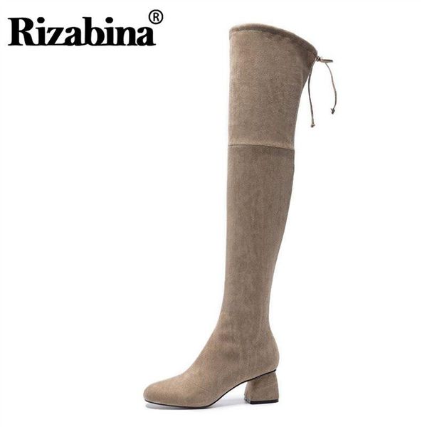 

boots rizabina winter shoes women over the knee silm stretch round toe lace up thick heel flock solid black size 33-40