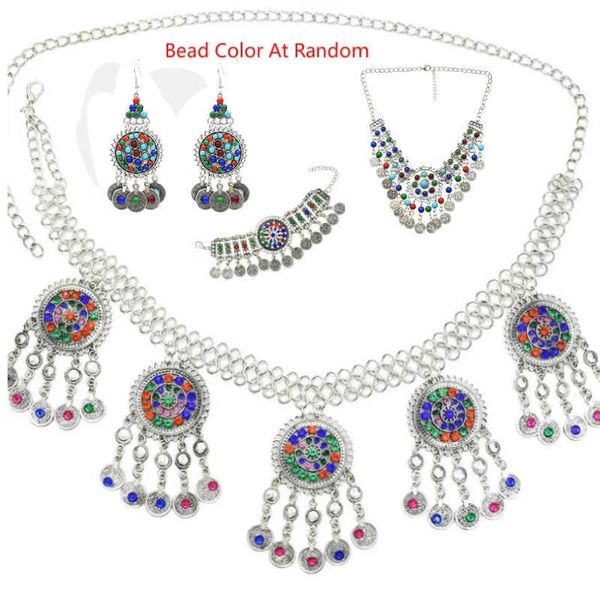 

ethnic boho resin bead coin crystal afghan earrings waist belly dance chain bracelet necklace turkish india tribal beach jewelry h1022, Silver