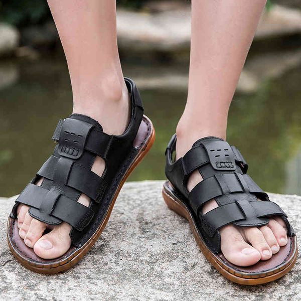 

slippers genuine leather sandals men summer shoes outdoor beach men's fashion classic flats u4rz, Black