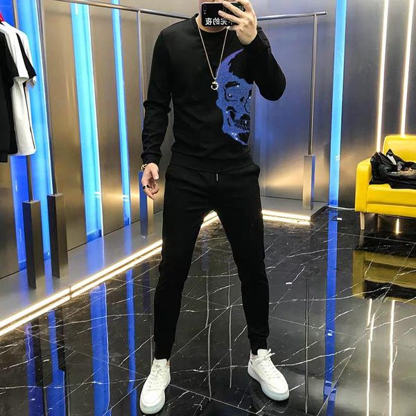 

men's tracksuits black sportswear cotton track suit sets sweatshirt and pants 2-pieces/fitness outdoor skull tracksuit, Gray