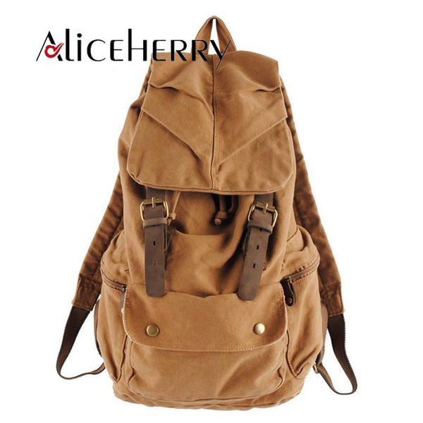 

backpack men large capacity canvas backpacks vintage school travel bag women mochilas leather laprucksack khaki army green