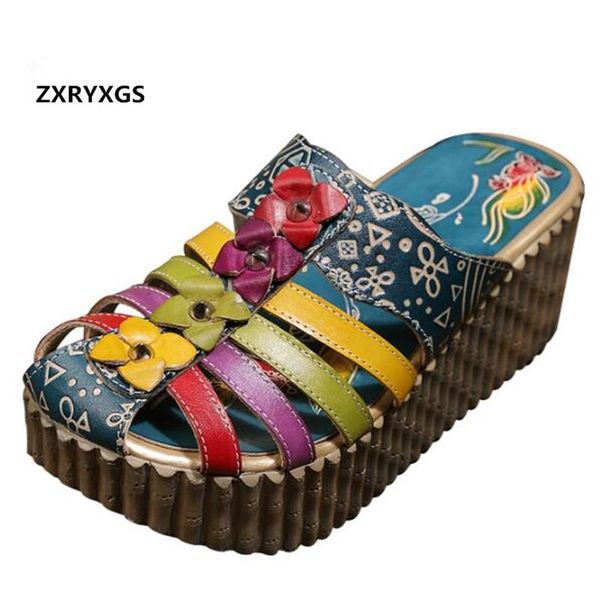 

dress shoes 2021 spell colors round head flower genuine leather slippers women sandal increase platform wedges sandals, Black