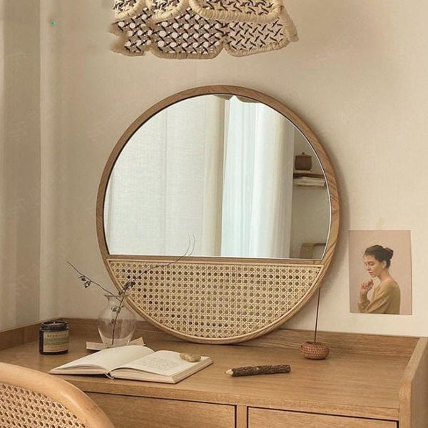 

mirrors solid wood round decorative mirror retro art ins wind rattan woven handmade hanging porch home homestay