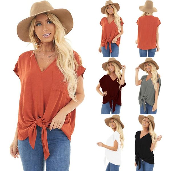 

women 2021 european and american summer new deep v-neck solid color pocket loose short sleeve t-shirt, White