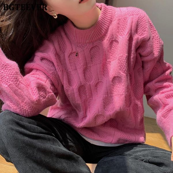 

women's sweaters bgteever chic vintage o-neck twisted ladies jumpers full sleeve loose women knitted pullovers 2021 autumn winter, White;black