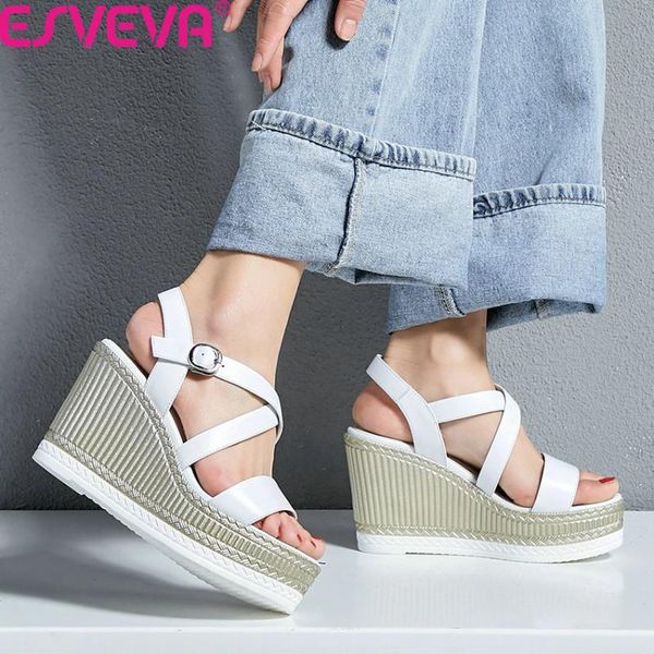 

platform rome fashion ladies pumps cow leather buckle summer women shoes wedge high heel open-toed sandals size34-39, Black