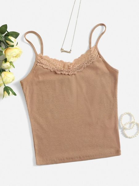 

lace trim rib knit cami a5gp#, White