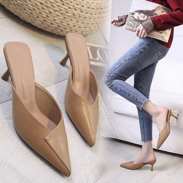 

slippers middle heel pointed women's sandals 2021 all-match thin women, Black