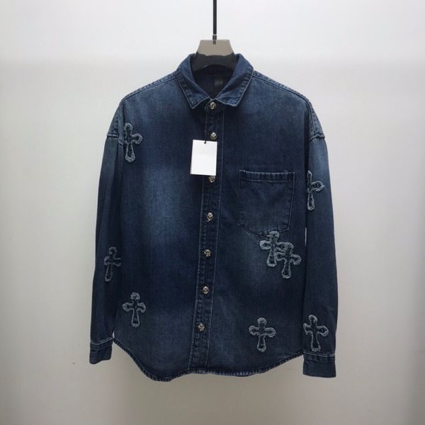 

hoodies autumn and winter tide brand ch crowe embroidered cross shirt lovers long sleeve loose denim coat men, Black