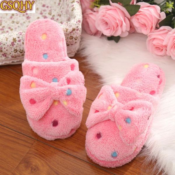 

women warm cute bow winter slippers ladies home plush wear slipper woman flats plus size comfort platform flat shoes, Black