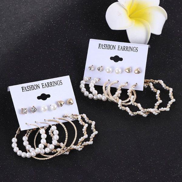 

hoop & huggie 12pcs/set pearl round earrings fashion exaggerated imitation simple big circle earring jewelry female, Golden;silver