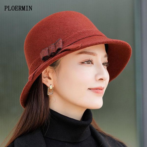 

wide brim hats autumn winter women's bucket hat thick wool fisherman female elegant flowers foldable vintage felt, Blue;gray