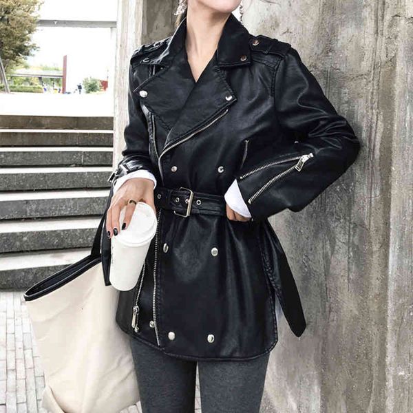 

women's jackets [eam] loose fit black pu leather bandage split zipperjacket lapel long sleeve women coat fashion spring 2022 1s708 u6em, Black;brown