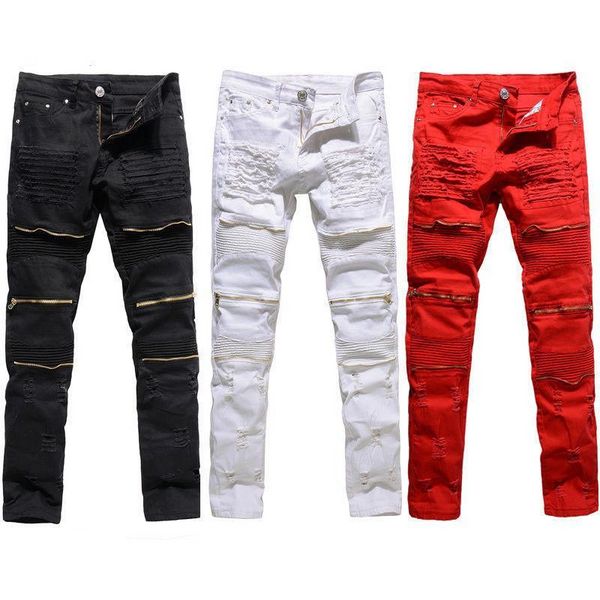 Qnpqyx moda moda moda faculdade meninos magro pista de corrida direto zíper calças jeans destruídas jeans preto branco vermelho jeans