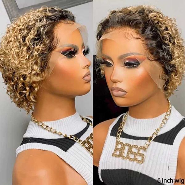 

lace wigs pixie human hair black women cut curly 1b/27 blonde hairline bob remy 150%, Black;brown