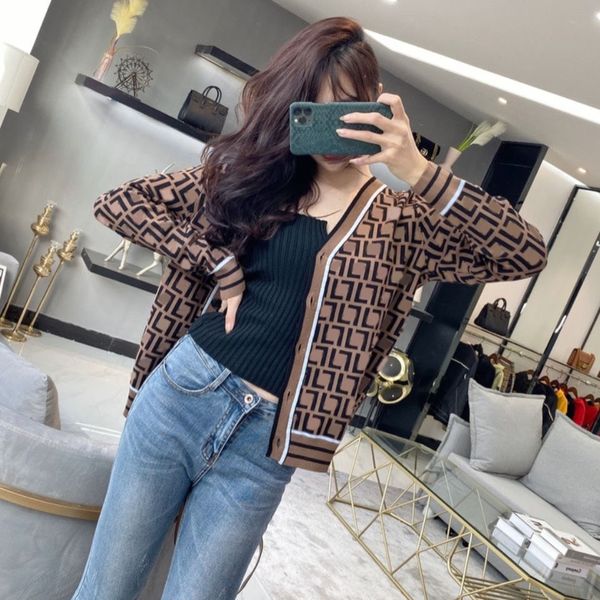 

knitted cardigan sweater double f letter tees jacquard temperament v-neck thin knit jacket for men and women of the same style, White