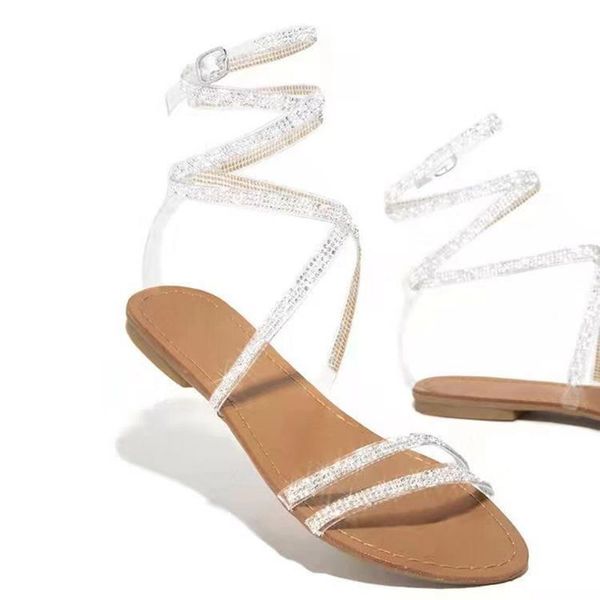 

sandals 2021 summer rhinestone one-line cross straps fashion casual plus size 35-43 ladies flat, Black