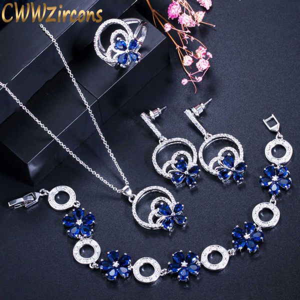 

fashion dark blue cz lovely flower drop necklace earrings bracelet and rings 4 pcs jewelry sets for women t339 210714, Silver