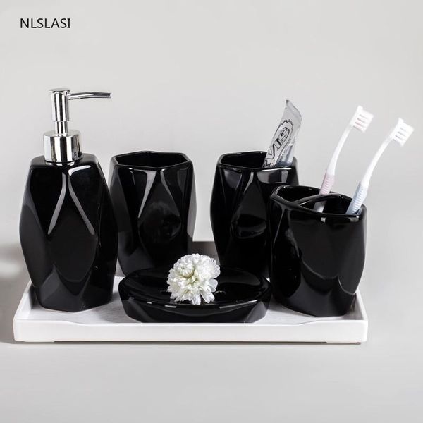 

nordic solid color ceramic bathroom accessories set gargle cup liquid soap dispenser toothbrush holder dish five piece bath accessory
