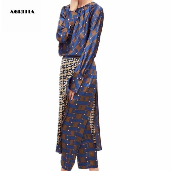 

two piece dress 2021 women plaid print set coat long sleeve trousers sets, White