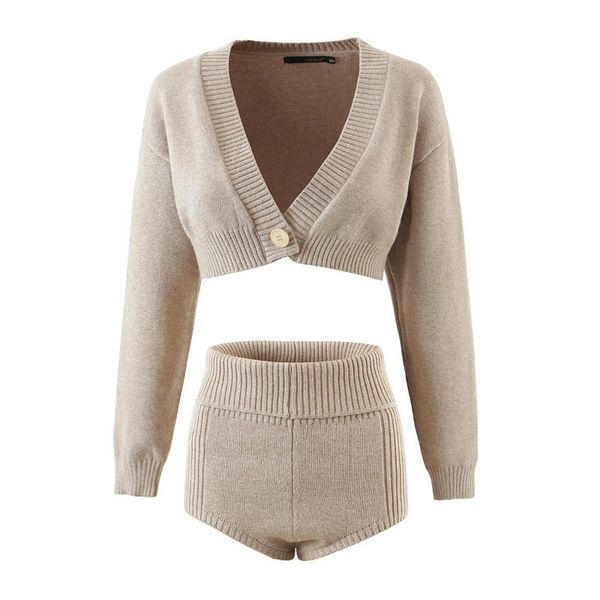 

women's tracksuits jcÂ·kilig 2021 single button long sleeve v-neck knitted cardigan + casual flanging buttock shorts l9793 9794, Gray
