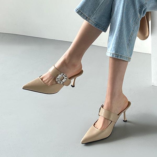 

dress shoes rhinestone sandals woman 2021 leather pointed fashion semi drag size 33-42, Black