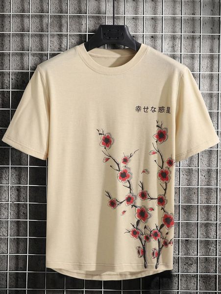 

men floral & japanese letter graphic tee 77t8#, White;black