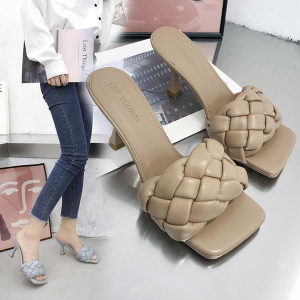 

slippers female 2021 summer ins korean student net red fine-heeled woven high-heeled fashion, Black