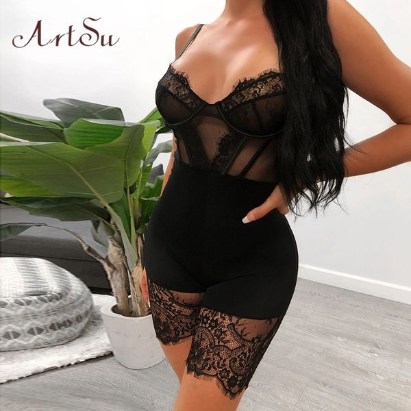 

artsu lace spaghetti strap combination jumpsuit mesh lace playsuit straps sleeveless jumpsuits one piece outfits asju60596, Black;white