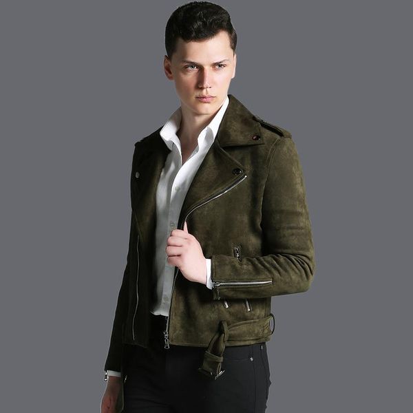 

men's trench coats lu short suede coat mens autumn winter personality army green zip biker jacket male cool locomotive jackets plus siz, Tan;black