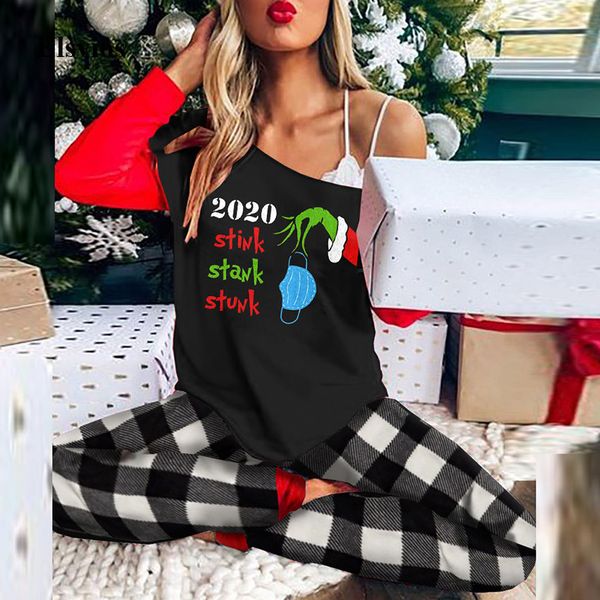 

women's tracksuits christmas plaid print women tracksuit off shoulder two piece sets fashion t shirt and female long pan, Gray
