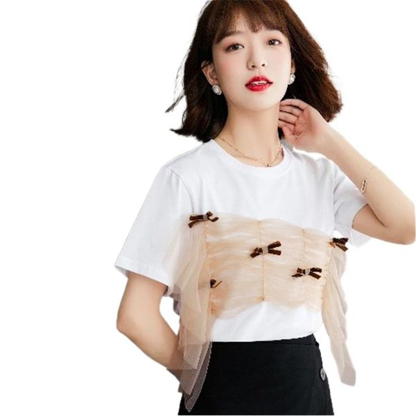 

summer white tshirt womens 2021 slim women stitching pleated mesh bow short sleeve t shirt woman clothing women's t-shirt
