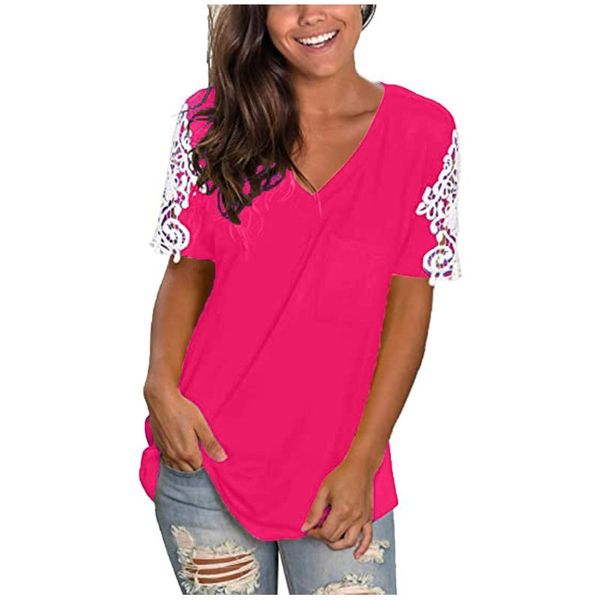 

women's t-shirt cotton t shirt women summer fashion solid lace patchwork v-neck short sleeve casual female tee, White