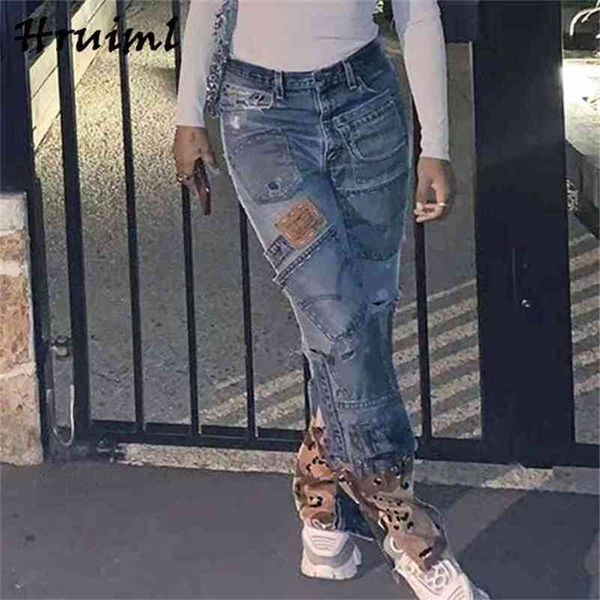 

jeans woman casual loose patchwork fashion trousers women streetwear pocket button placket with zipper mujer pantalones 210513, Blue